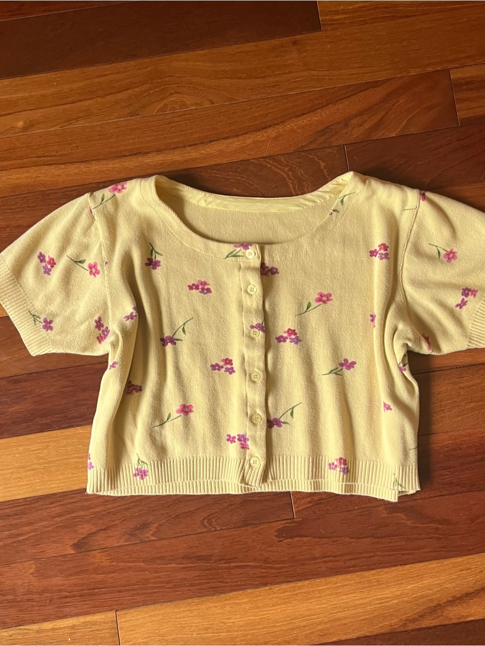 Vintage Yellow Floral Knit Button-Front Crop Top
